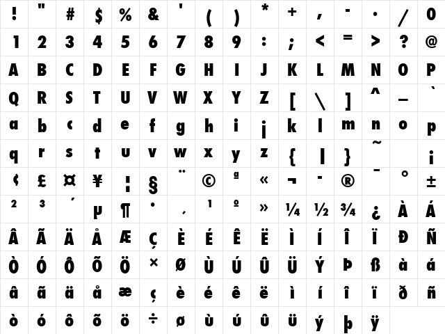 Futura Condensed ExtraBold  glyph index