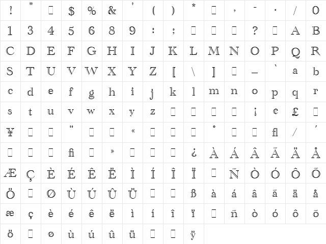 Academy Engraved LET Regular  glyph index