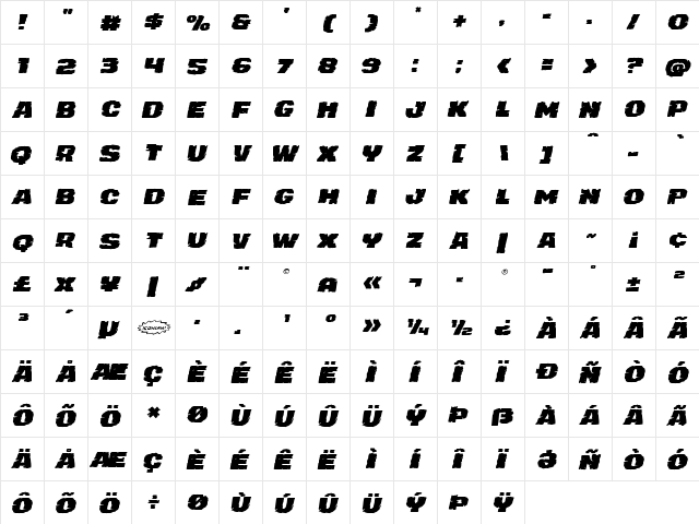 Jugger Rock Expanded Italic Expanded Italic  glyph index
