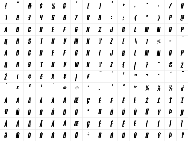 Rumble Tumble Condensed Italic Condensed Italic  glyph index