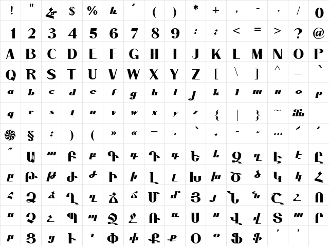 ArTarumianGrqiNor Bold  glyph index