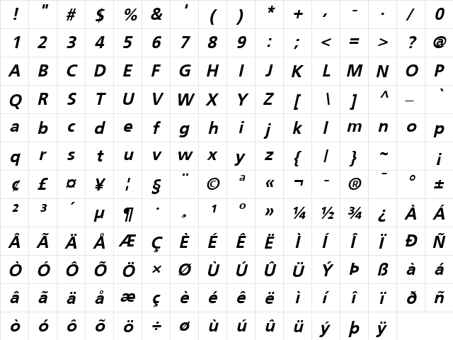 Weissach Bold Oblique  glyph index