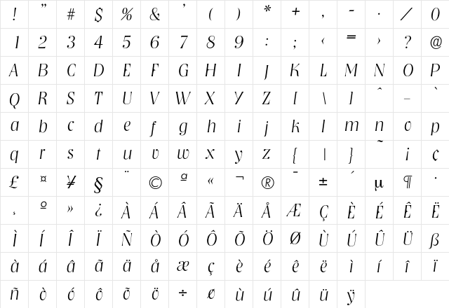 Nashville-XlightIta Regular  glyph index