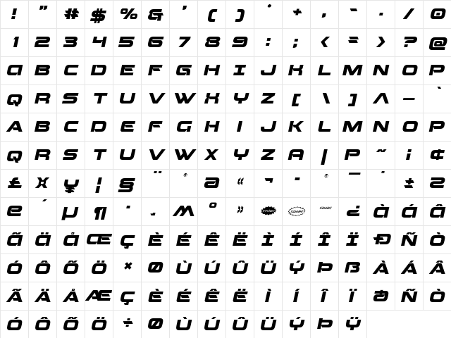 Beam Weapon Italic Italic  glyph index