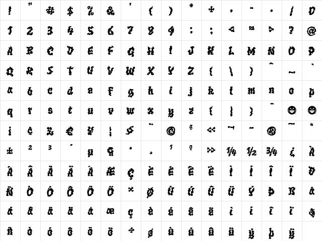 WILD1 Ruts Bold  glyph index