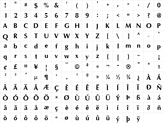 Omni Bold  glyph index