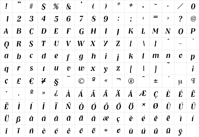 NashvilleSerial-Medium Italic  glyph index