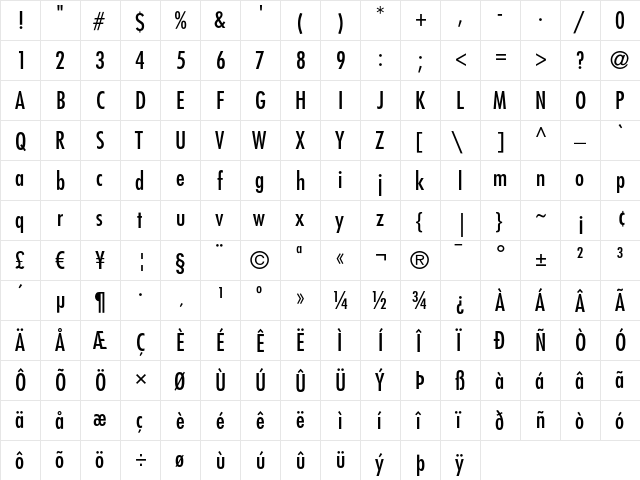 Futura LT Condensed Medium  glyph index