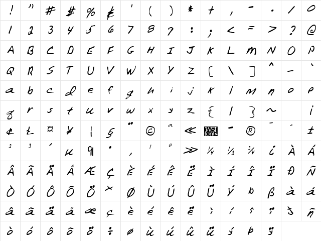 FrostysHand Regular  glyph index