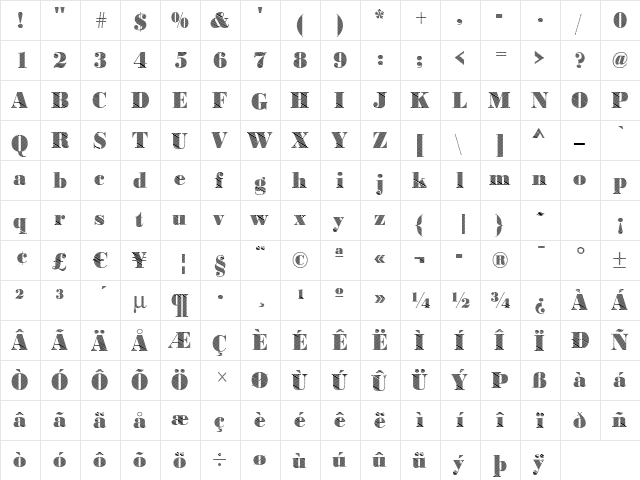 BodoniFalling Regular  glyph index