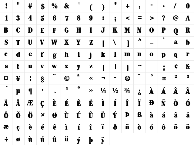 ITC Cheltenham Std Ultra Condensed  glyph index