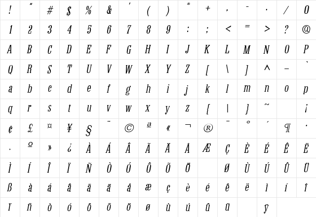ColonelL Italic  glyph index