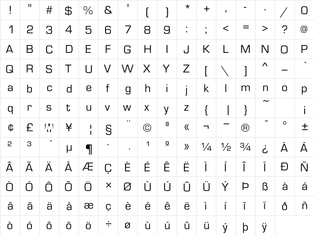 MicroSquare Regular  glyph index