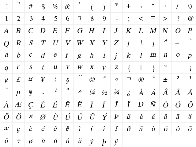 WinSoft Serif Pro Medium Italic  glyph index