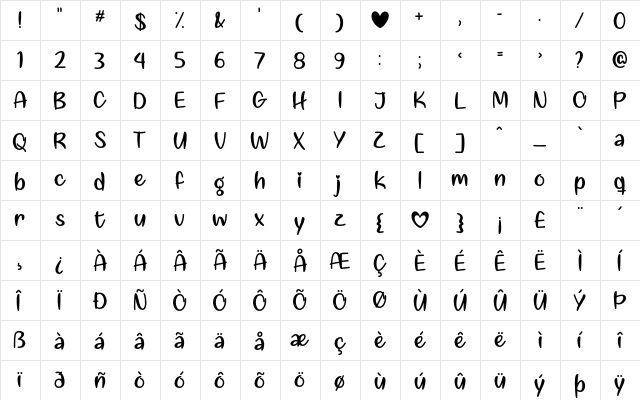 Liebe finden Regular  glyph index