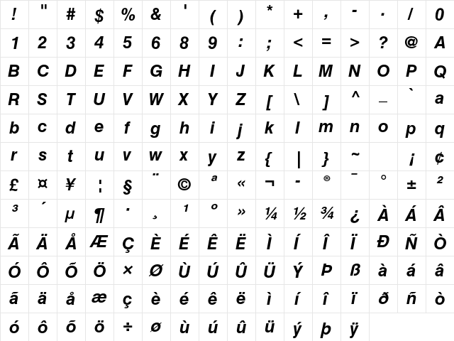 Helvetica LT Std Bold Oblique  glyph index