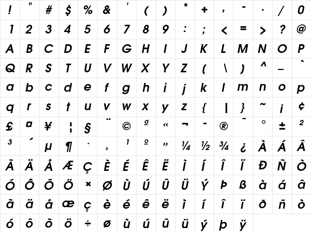 TeX Gyre Adventor Bold Italic  glyph index