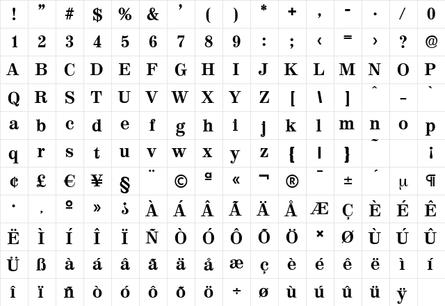 ValenciaSerial-Xbold Regular  glyph index