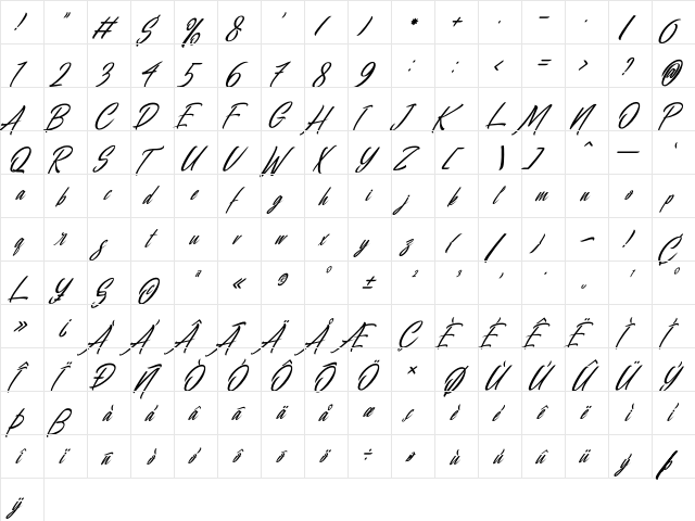 Bella Regina Italic Italic  glyph index