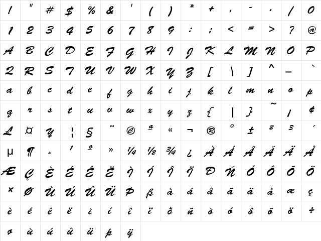 Brush-Script-Normal-Italic Regular  glyph index