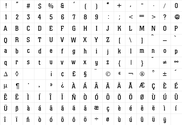 Colorado Regular  glyph index
