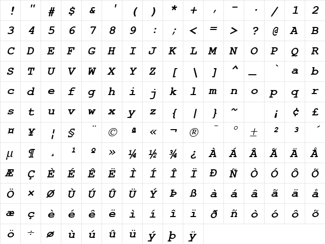 CourierSH Bold Oblique  glyph index