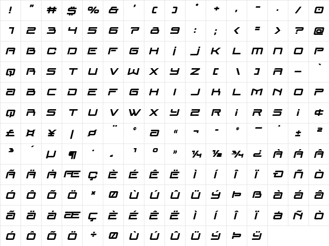 Blade Singer Bold Italic Regular  glyph index