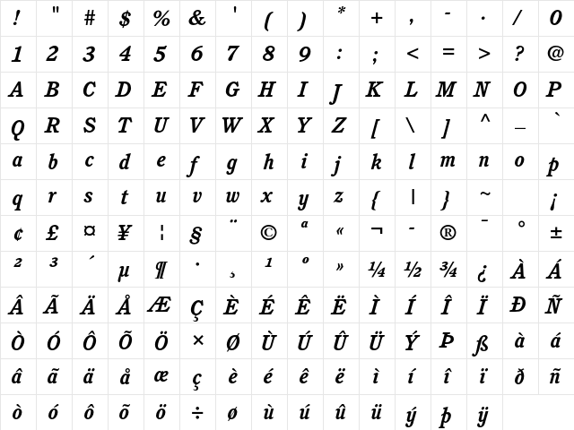 ITC Cushing Std Bold Italic  glyph index