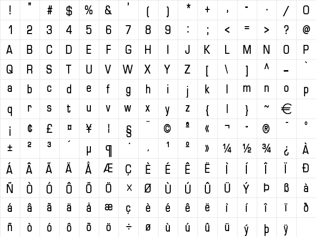 EurasiaCondensed Bold  glyph index