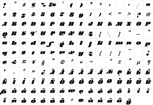 Stilla Script Regular  glyph index