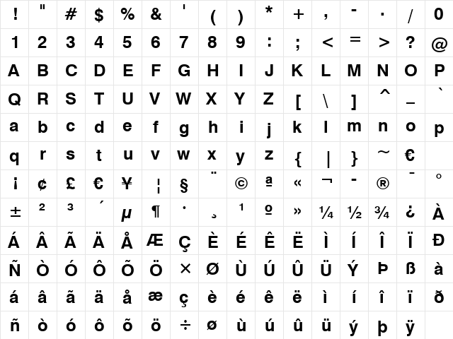 Swis721 BT Bold  glyph index