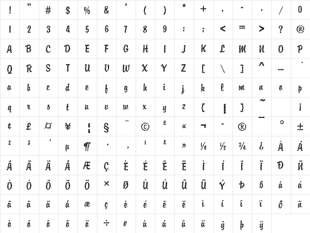 DTCBrodyM31 Regular  glyph index