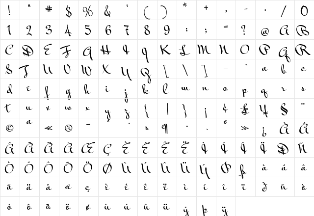 Mr Bedfort Regular  glyph index