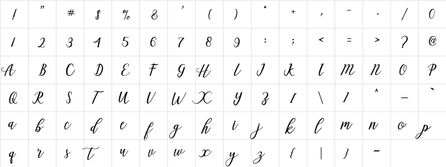 Aseline Script Regular  glyph index