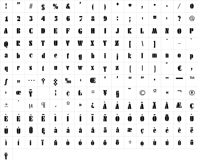 Dekoblack-Condensed Regular  glyph index