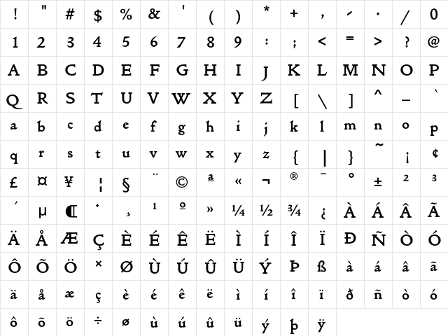 GoldenTypeEF Bold  glyph index