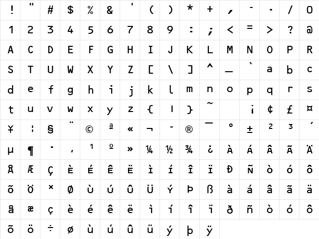 OCR B Becker Regular  glyph index