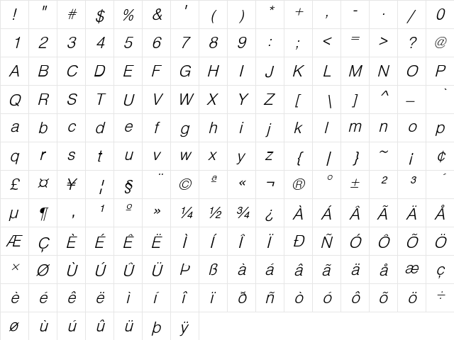 HelveticaObl-Light Regular  glyph index