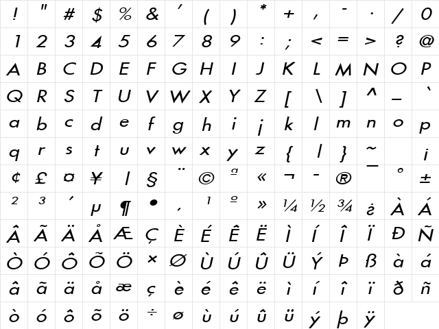 Fusi-Extended Italic  glyph index