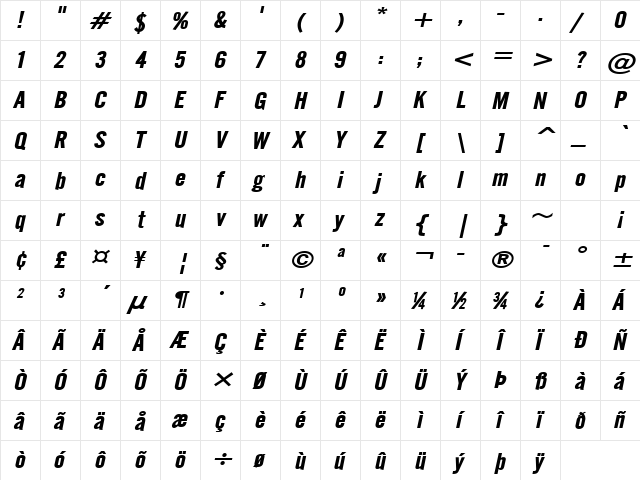 English Gothic-Extended Bold Italic  glyph index