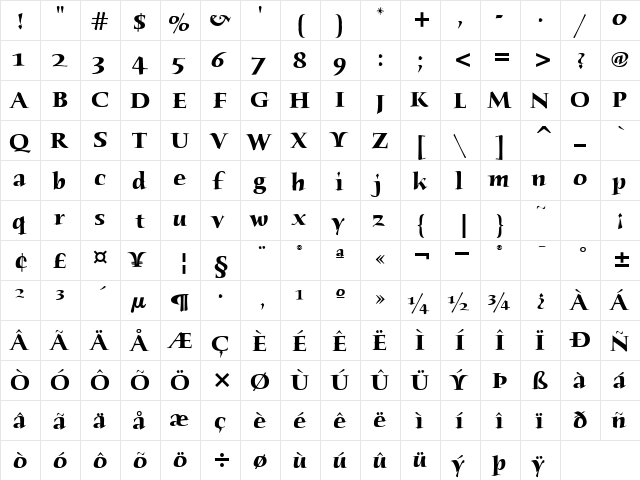 HumanaSerifITC Bold  glyph index