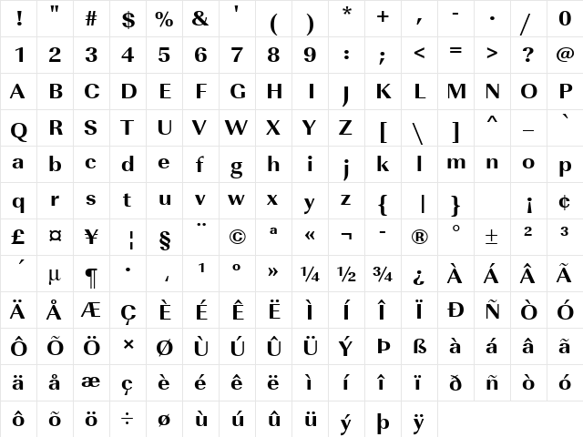 URWImperialTExtBolWid Regular  glyph index