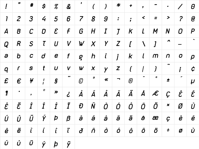 Dispose Bold Oblique  glyph index