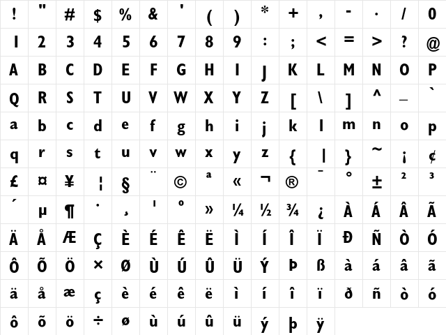 Gill Sans Bold Condensed  glyph index