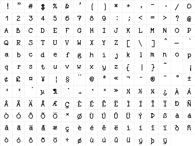 zai Pencil Typewriter Regular  glyph index