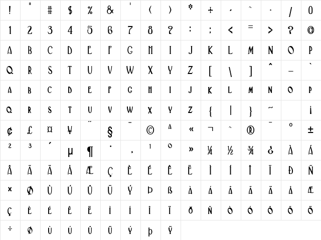 Deco-Condensed Bold  glyph index