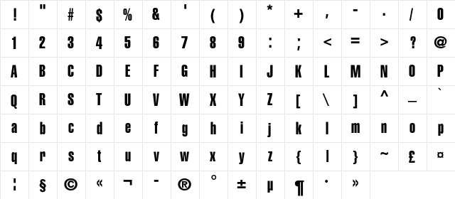 HeliosExtraCompressedC Regular  glyph index