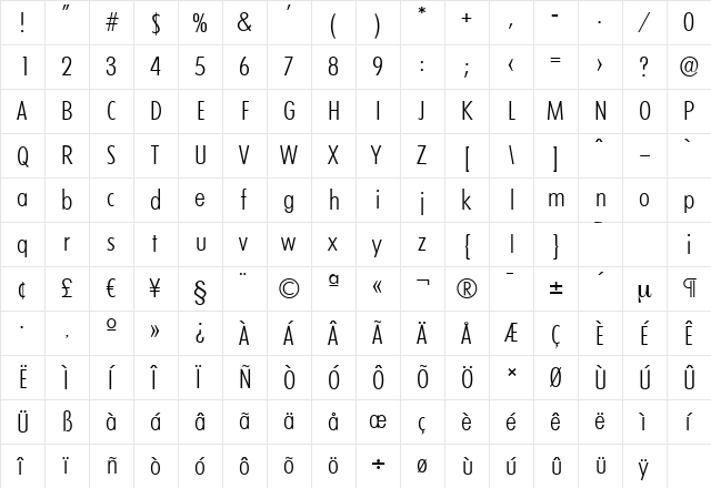 LimerickCdSerial-Light Regular  glyph index