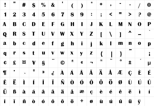 BritannicEFBold Regular  glyph index
