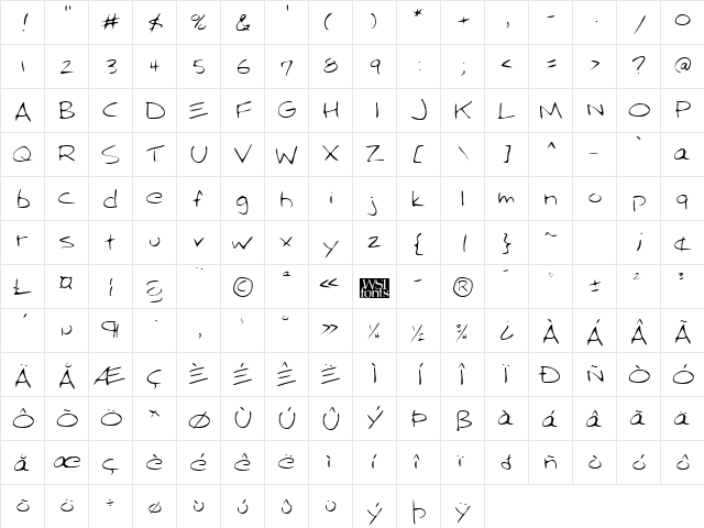 AngelasHand Regular  glyph index